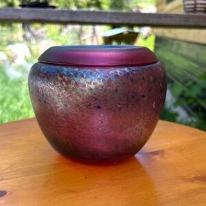 Vintage Iridescent Magenta Hand Blown Art Glass Bowl Vase Robert Held MCM Fairy